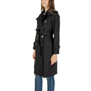 Schwarzer Polyesterblazer von Morgan De Toi mit silberfarbenen Knöpfen und einem Gürtel in der Taille im Trenchcoat-Stil
