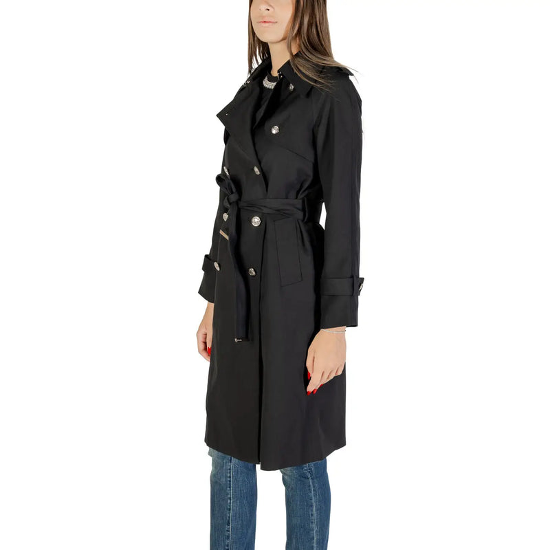 Schwarzer Polyesterblazer von Morgan De Toi mit silberfarbenen Knöpfen und einem Gürtel in der Taille im Trenchcoat-Stil