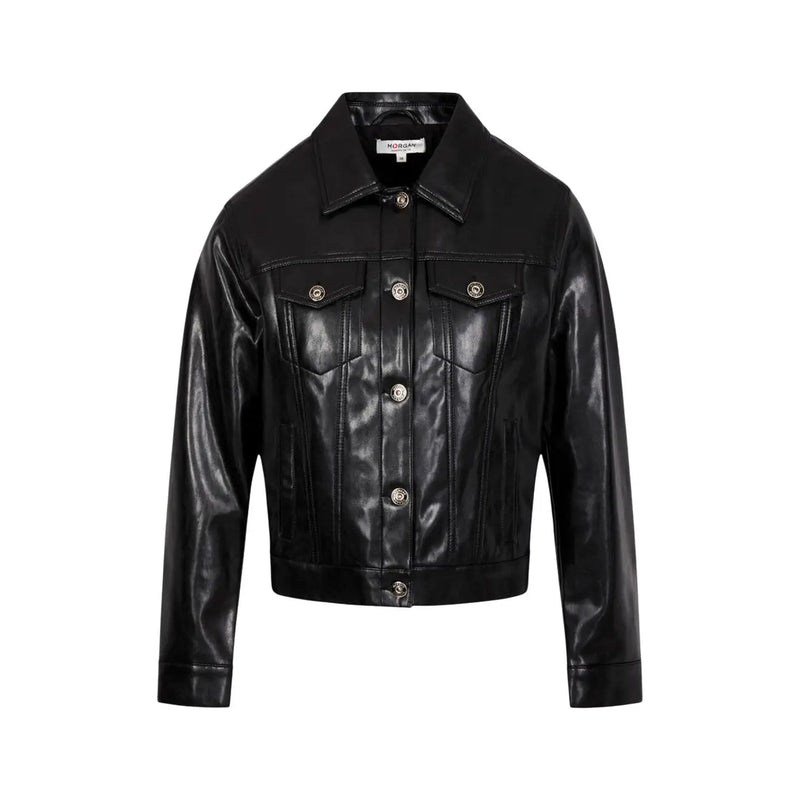 Morgan De Toi Schwarze, kurze Damenjacke aus Kunstleder mit silbernen Knöpfen und klassischem Denim-Stil, Synthetikblazer