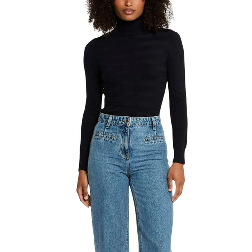 Morgan de toi Schwarzer, gerippter Rollkragenpullover aus Viskose für Damen top mit langen Ärmeln für elegante Lagenlooks