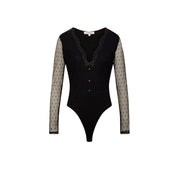 Morgan De Toi Schwarze Damenbluse mit V-Ausschnitt, transparenten gepunkteten Ärmeln, Spitzenbesatz und schwarzem Morda-Body-Detail