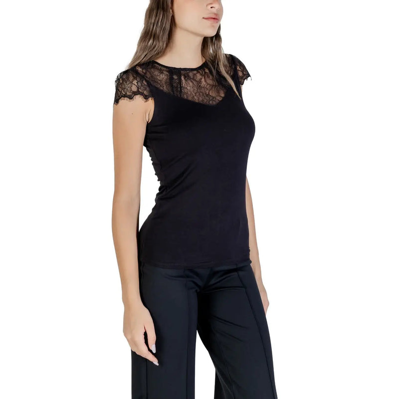 Morgan De Toi Ärmellose, schwarze Viskosebluse für Damen mit taillierter Silhouette und schwarzem Spitzenbesatz