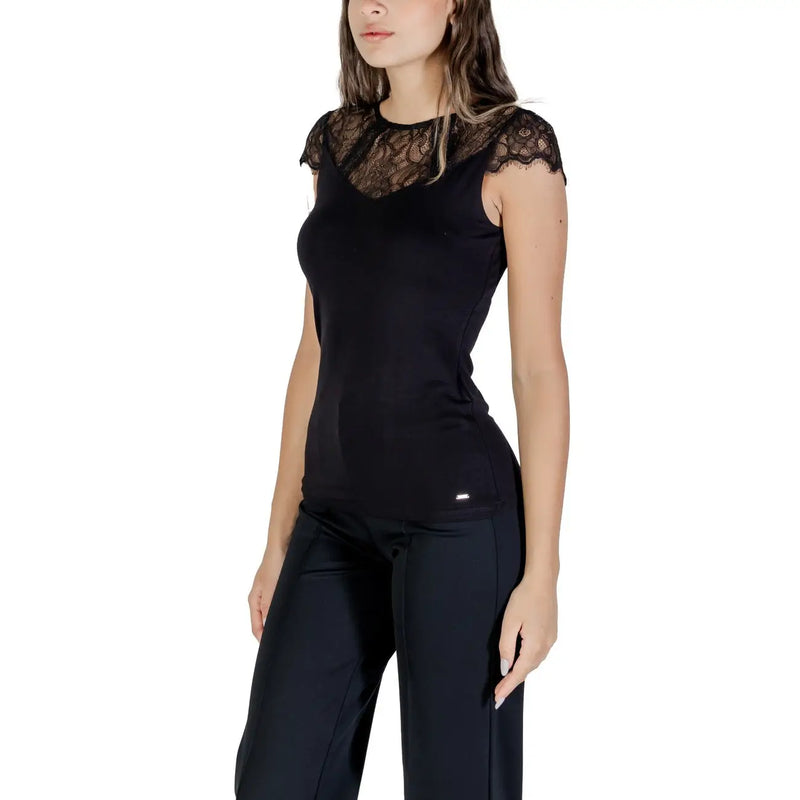 Morgan de toi Schwarze Damenbluse aus Viskose mit schwarzem Spitzenbesatz, ärmellosem Design und eleganter, figurbetonter Silhouette