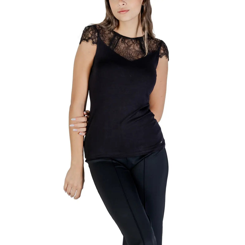 Morgan De Toi Schwarze Damenbluse aus Viskose mit ärmellosem Design und Spitzendetails an Schultern und Ausschnitt