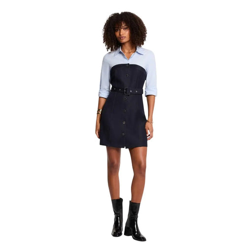 Morgan De Toi Damenkleid aus blauem Polyestergemisch mit zweifarbigem Knopfgürtel in Marineblau und Hellblau und taillierter Passform