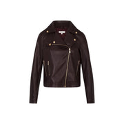 Morgan de toi Damenblazer in Bordeaux, dunkelbraune Bikerjacke aus Kunstleder mit goldfarbenen Reißverschlüssen und Knöpfen
