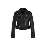 Morgan De Toi Damenblazer aus schwarzem Polyurethan-Kunstleder im Biker-Stil mit silbernen Reißverschlüssen und Druckknöpfen