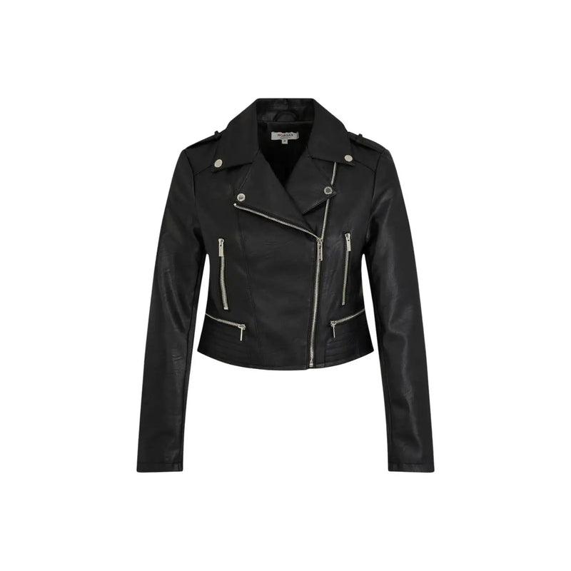 Morgan De Toi Damenblazer aus schwarzem Polyurethan-Kunstleder im Biker-Stil mit silbernen Reißverschlüssen und Druckknöpfen