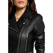 Morgan de Toi Schwarze Bikerjacke für Damen aus Kunstleder mit silbernen Reißverschlüssen und Druckknöpfen aus Polyurethan