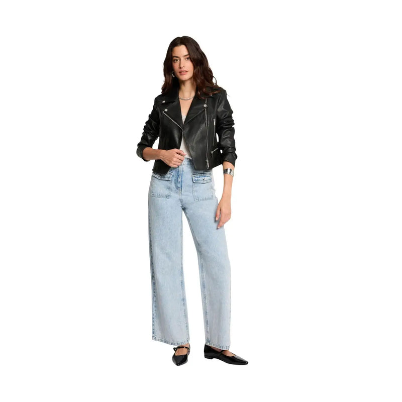 Morgan de toi Damenblazer aus schwarzem Polyurethan-Kunstleder im Biker-Stil mit silbernen Reißverschlüssen und Druckknöpfen