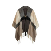Morgan de toi Ärmelloser, beigefarbener Polyesterblazer für Damen mit kariertem Wollponcho, verziert mit goldener Schnalle und Fransen.
