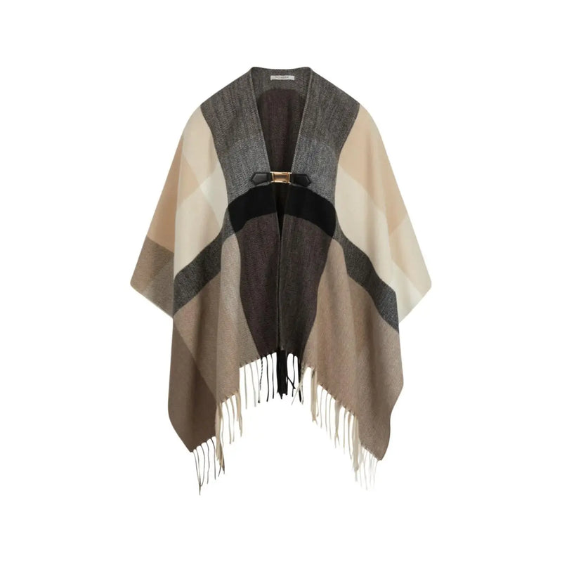 Morgan de toi Ärmelloser, beigefarbener Polyesterblazer für Damen mit kariertem Wollponcho, verziert mit goldener Schnalle und Fransen.