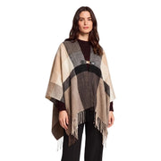Beige-grauer, geometrisch gemusterter Wollponcho mit schwarzer Gürtelschnalle und Fransen für Damen von morgan de toi