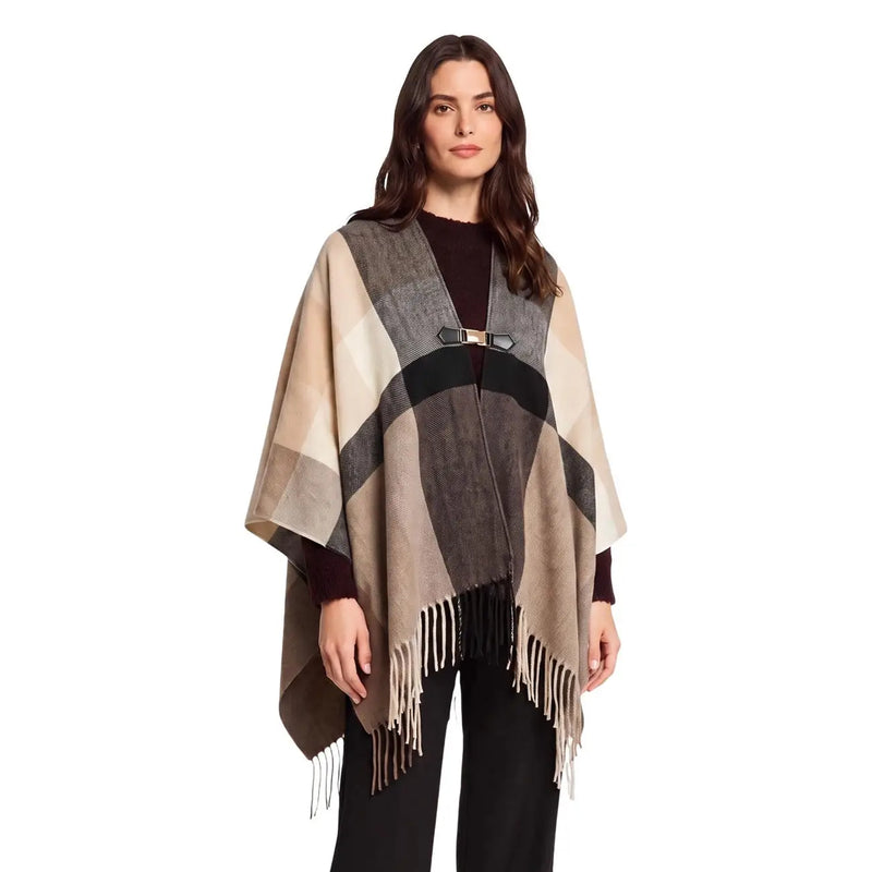 Beige-grauer, geometrisch gemusterter Wollponcho mit schwarzer Gürtelschnalle und Fransen für Damen von morgan de toi