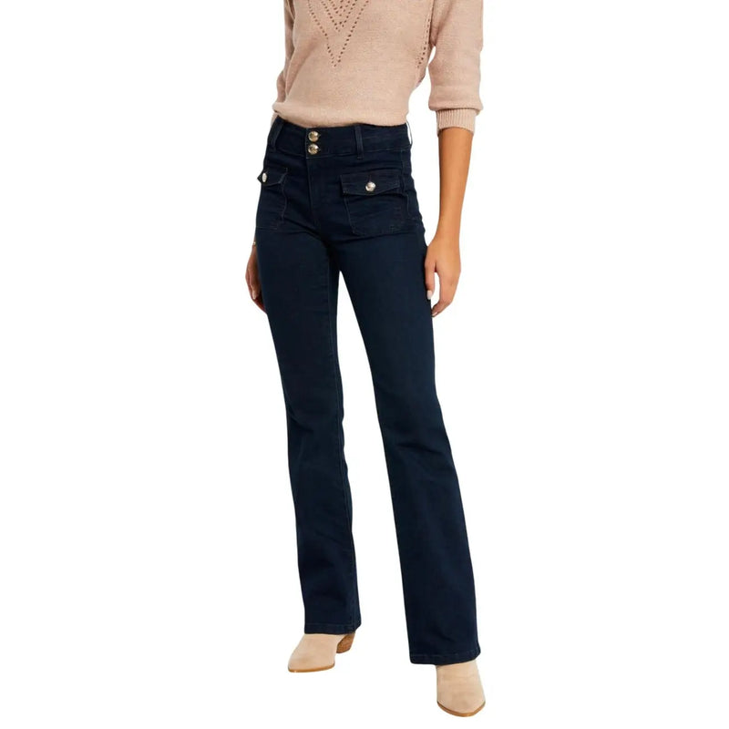 Dunkelblaue Schlaghose aus Denim von Morgan Women mit goldfarbenen Knöpfen und aufgesetzten Taschen aus Baumwollmischgewebe