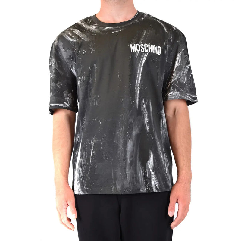 Schwarz Moschino Männer t-shirt mit glänzendem, abstraktem Pinselstrichmuster in Weiß und Grau, lässige Baumwollkleidung