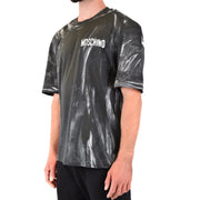 Schwarz Moschino Männer t-shirt mit glänzendem Farbspritzer-Design und weißem Logo auf der Brust