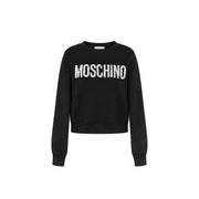 Schwarz Moschino Damen-Baumwoll-Sweatshirt mit Rundhalsausschnitt und auffälligem weißen Paillettenbesatz Moschino Logo über der Brust