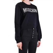 Moschino Damen-Baumwoll-Sweatshirt, schwarz, Rundhalsausschnitt mit silbernem Glitzerbuchstaben auf der Brust