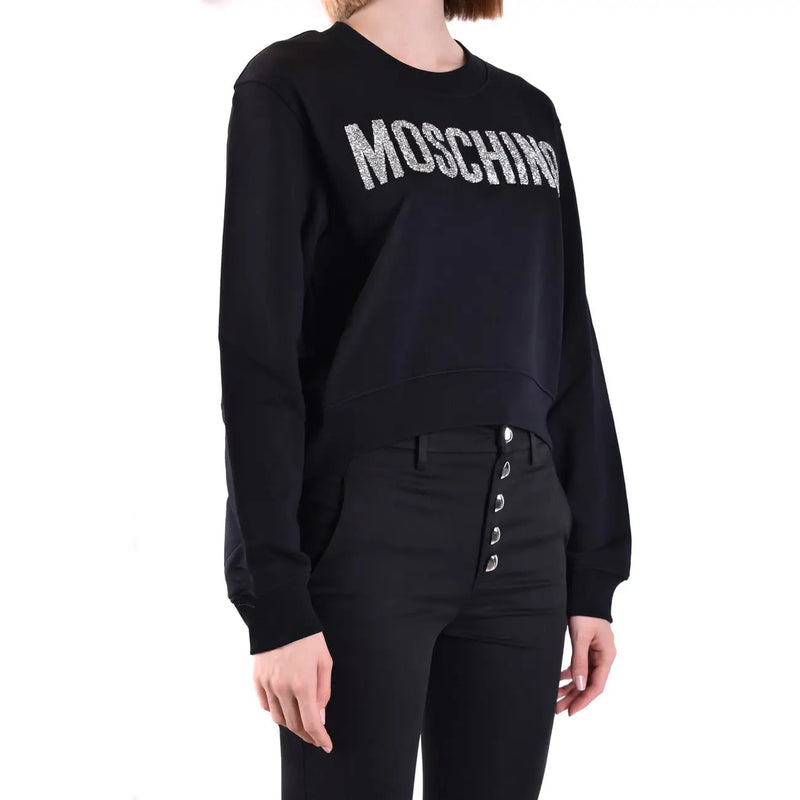 Moschino Damen-Baumwoll-Sweatshirt, schwarz, Rundhalsausschnitt mit silbernem Glitzerbuchstaben auf der Brust