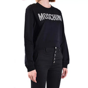 Moschino Schwarzes Damen-Sweatshirt aus Baumwolle mit glitzernder silberner Schrift und Rundhalsausschnitt.