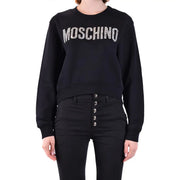 Schwarz Moschino Damen-Baumwoll-Sweatshirt mit Rundhalsausschnitt und glitzerndem silbernen Schriftzug auf der Brust