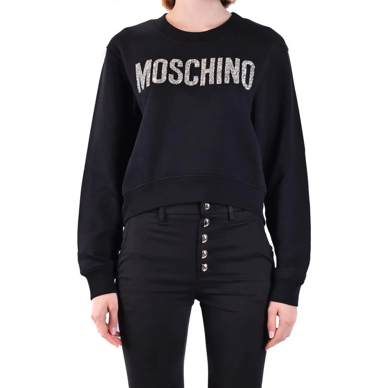 Schwarz Moschino Damen-Baumwoll-Sweatshirt mit Rundhalsausschnitt und glitzerndem silbernen Schriftzug auf der Brust