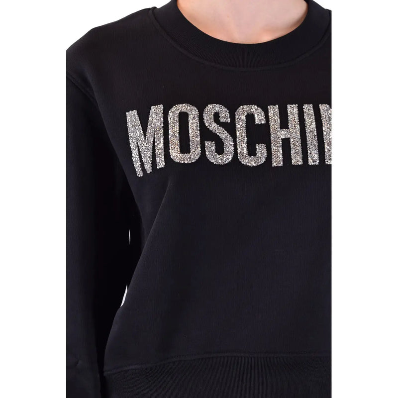 Schwarz Moschino Damen-Sweatshirt aus Baumwolle mit glitzerndem silbernen Logo auf der Brust und Rundhalsausschnitt
