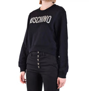Moschino Schwarzes Damen-Sweatshirt aus Baumwolle mit Rundhalsausschnitt und silbernem Glitzerbuchstaben auf der Brust