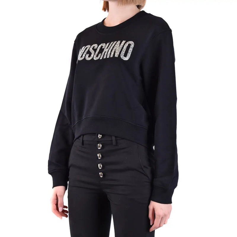 Moschino Schwarzes Damen-Sweatshirt aus Baumwolle mit Rundhalsausschnitt und silbernem Glitzerbuchstaben auf der Brust