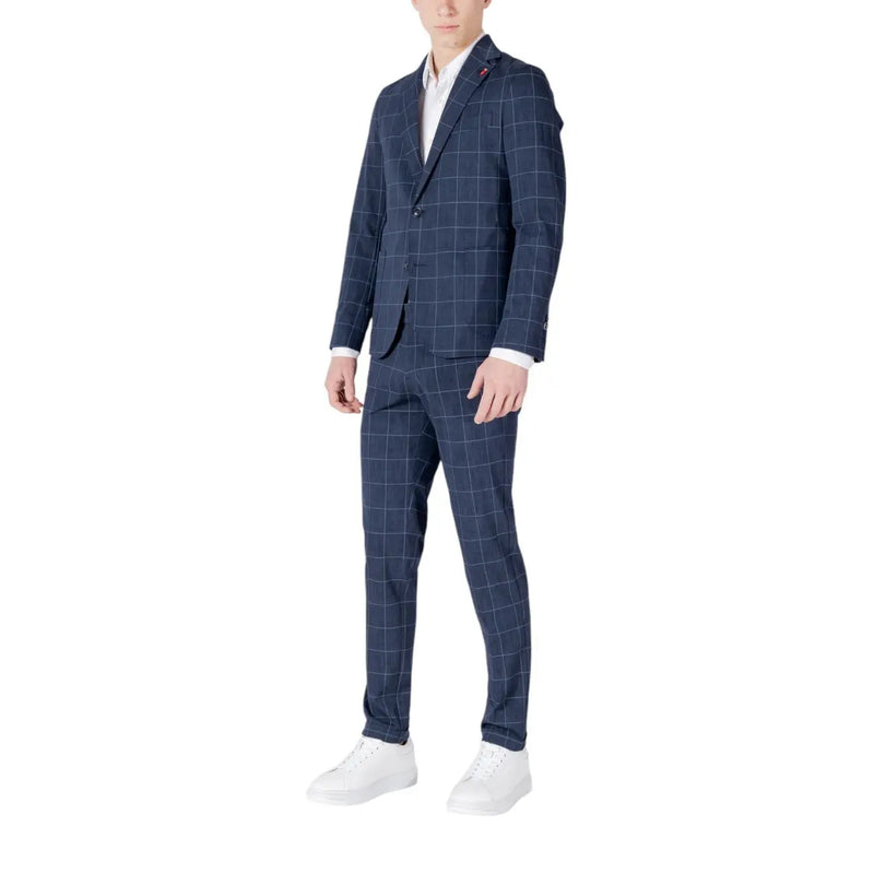 Mulish men blue checked cotton slim fit suit in navy blue plaid with thin white grid lines and subtle texture