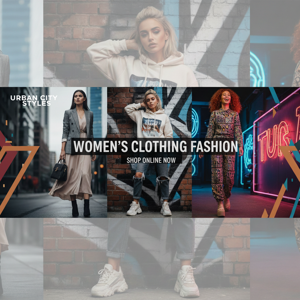 Collage of women wearing urban City Styles Clothing with promoting women's clothing fashion.