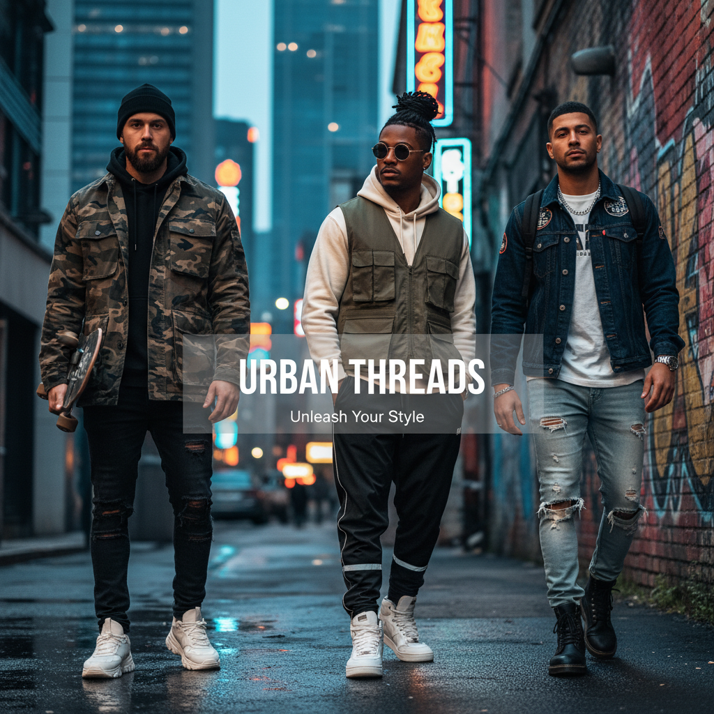 Three men walking down a city street with 'Urban Threads' branding.
