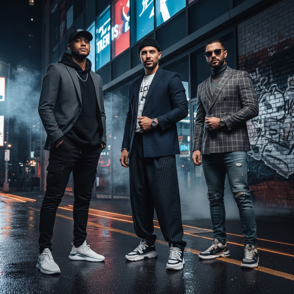 Three men in stylish outfits standing on a city street at night.