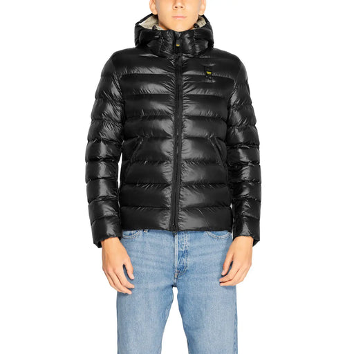 Black hooded puffer jacket displayed in Navy Blue Hooded Puffer Jacket product image