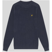 Navy blue ribbed knit sweater featuring a small gold bird logo on the chest, made from soft textured fabric