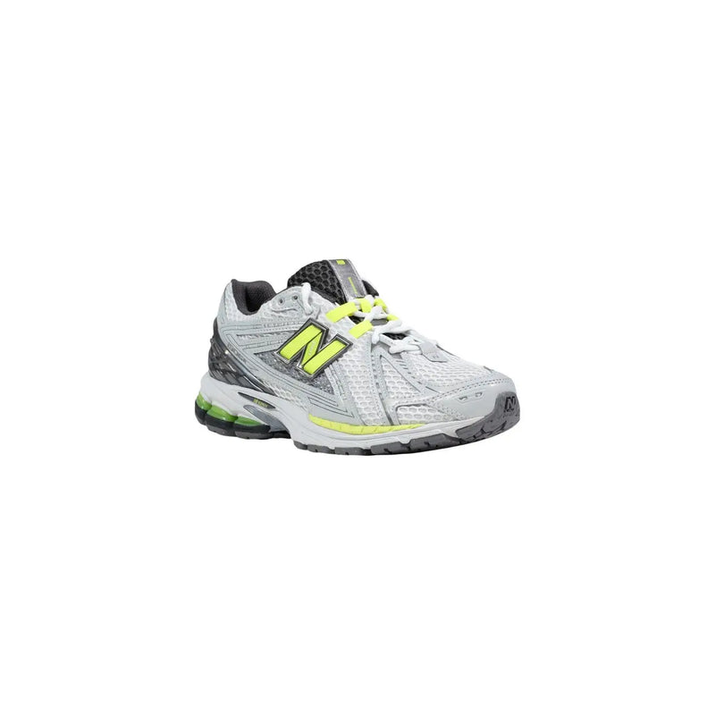 New Balance graue Damen-Sneaker aus Synthetik mit weißem und neongrünem Mesh-Obermaterial und schwarzen Akzenten, Laufschuh