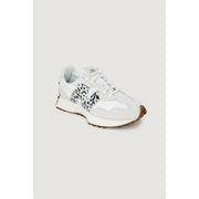 New Balance Weiße Damen-Sneaker 327 mit Leopardenmuster-Polyester-Einsatz und hellbrauner Gummisohle, Schnürschuhe