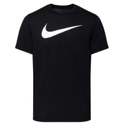 Nike black short sleeve t shirt made of soft fabric with a bold white swoosh logo across the chest