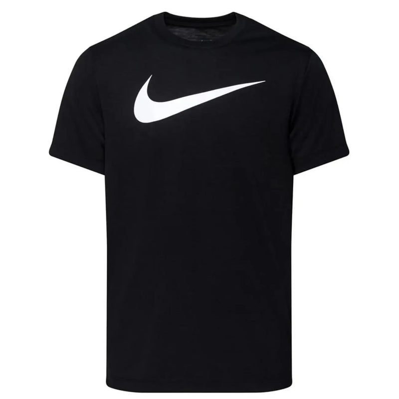 Nike black short sleeve t shirt made of soft fabric with a bold white swoosh logo across the chest