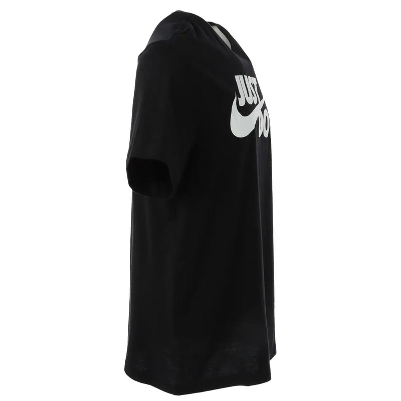 Nike black short sleeve t shirt featuring a bold white just do it logo and swoosh on the chest