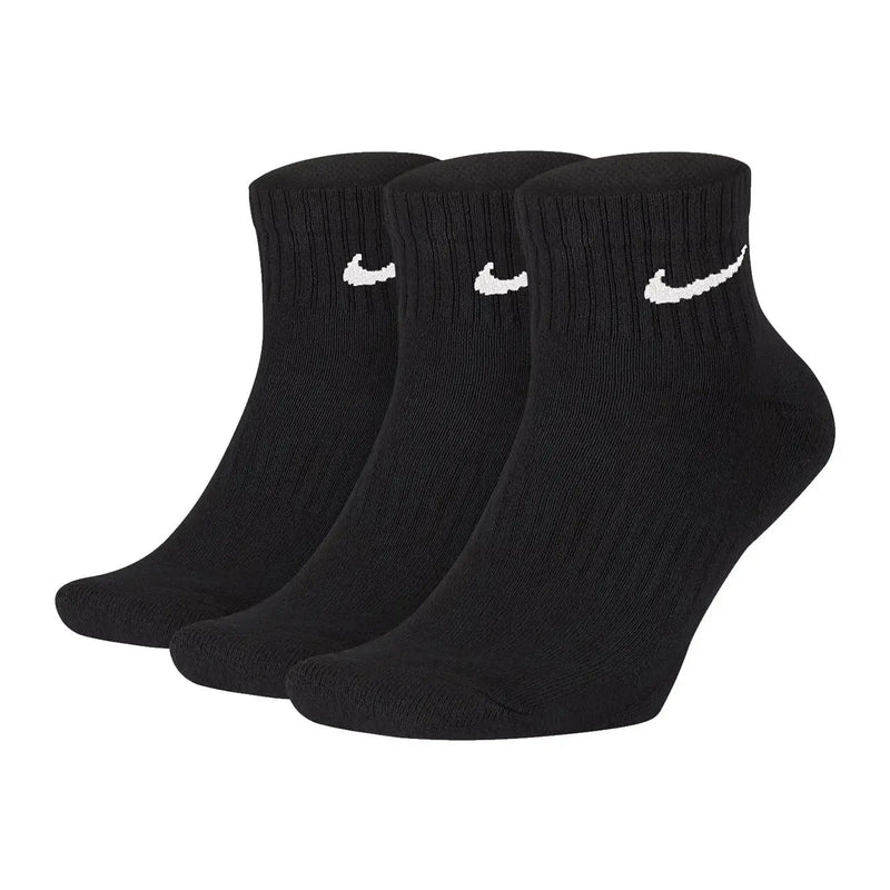 Three-pack of black Nike ankle socks displayed with Nike Men All Season White Underwear