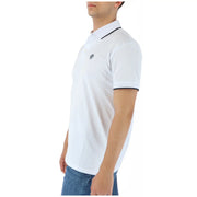 North sails mens white lightweight cotton polo shirt with black collar trim and embroidered logo on the chest