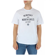 North Sails men’s white round neck cotton t-shirt with black newport USA north sails est 1957 graphic and logo