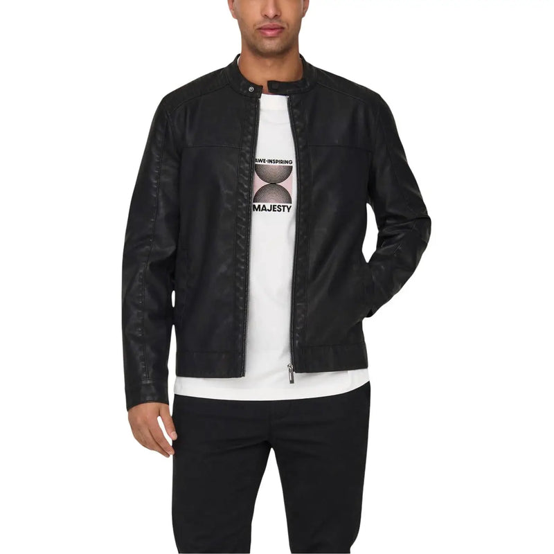 Only and Sons men black zip blazer in polyester and polyurethane with central zipper and snap-button collar faux leather bomber style