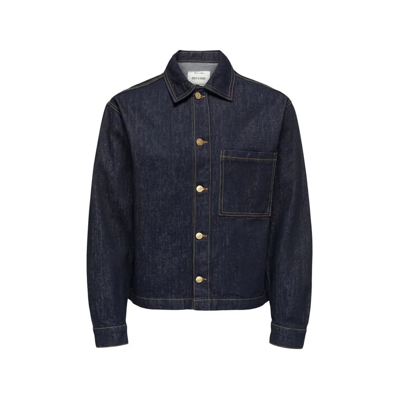 Only Jeansjacke von and Sons für Herren aus dunkelindigofarbenem Baumwollstoff mit goldfarbenen Knöpfen und einer einzelnen Brusttasche