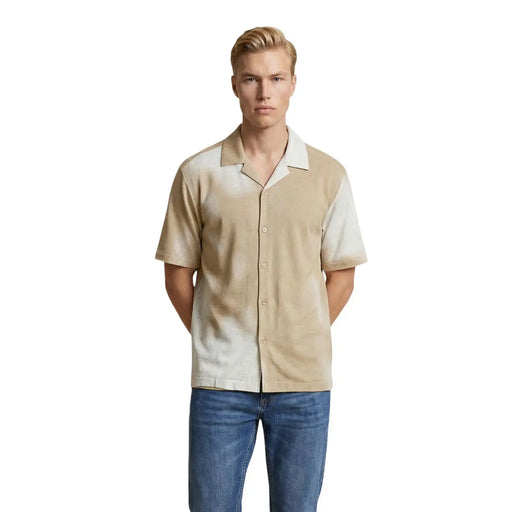 Only & Sons men shirt beige and cream two-tone short-sleeved button-up shirt with collar in cotton blend fabric