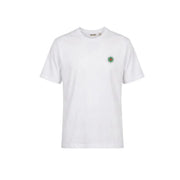 Only & Sons Herren-T-Shirt aus weißer Bio-Baumwolle mit kleinem, grün-rotem, gesticktem Sonnenmotiv auf der linken Brust, Größe M