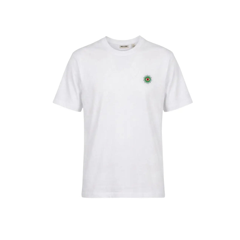 Only & Sons Herren-T-Shirt aus weißer Bio-Baumwolle mit kleinem, grün-rotem, gesticktem Sonnenmotiv auf der linken Brust, Größe M