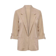 Only Beigefarbener Leinenblazer für Damen mit dezenten Längsstreifen und hochgekrempelten Dreiviertelärmeln aus Viskosemischung